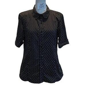 Talbots Womens 12P Black Polka Dot Stretch Cotton Sateen Button Down Shirt Top